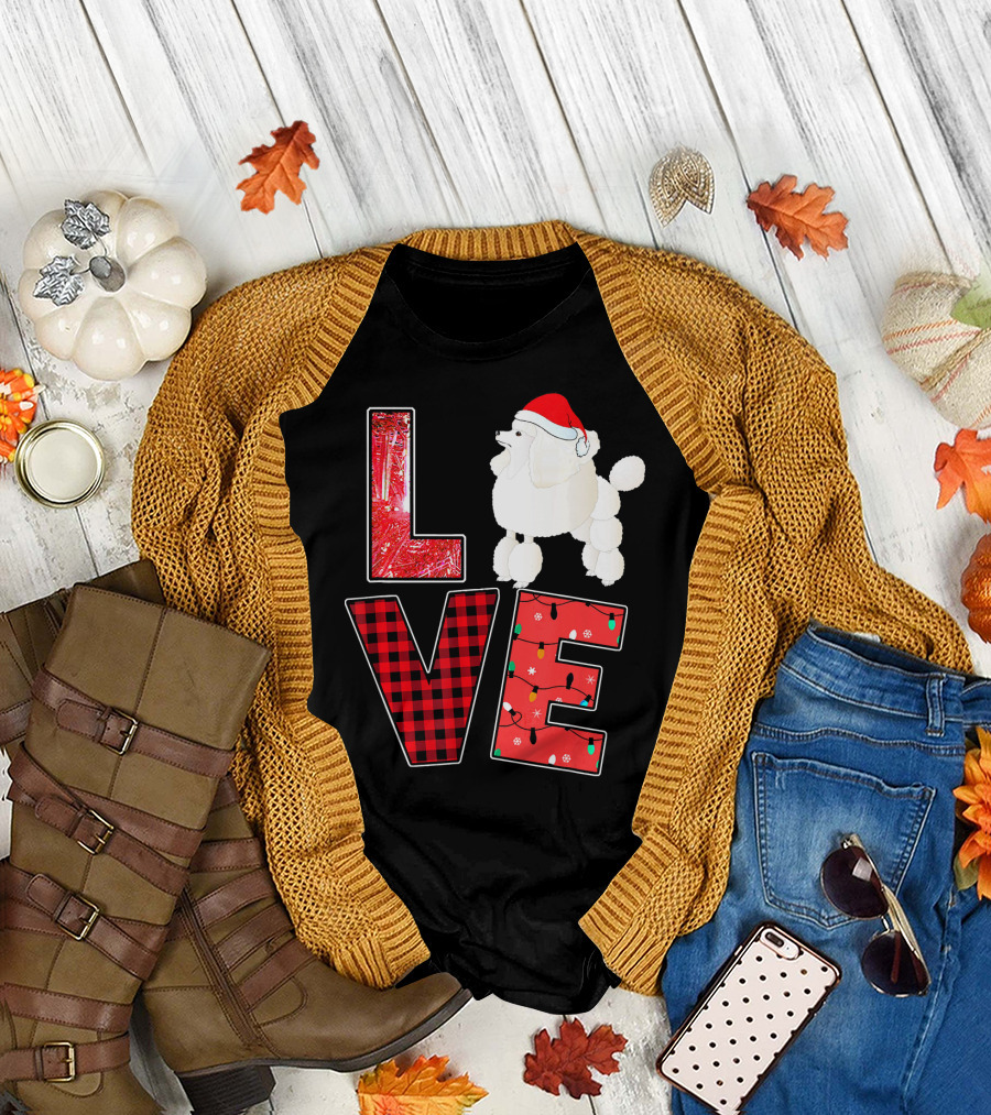 Love Christmas Poodle Funny Christmas Do Santa Hat Lights T-Shirt