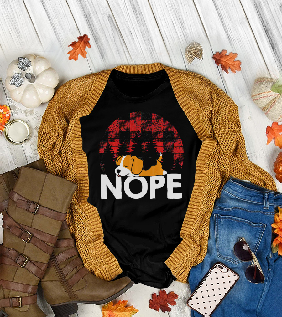 Nope Funny Lazy Beagle Dog Sleeping on Plaid Background T-Shirt