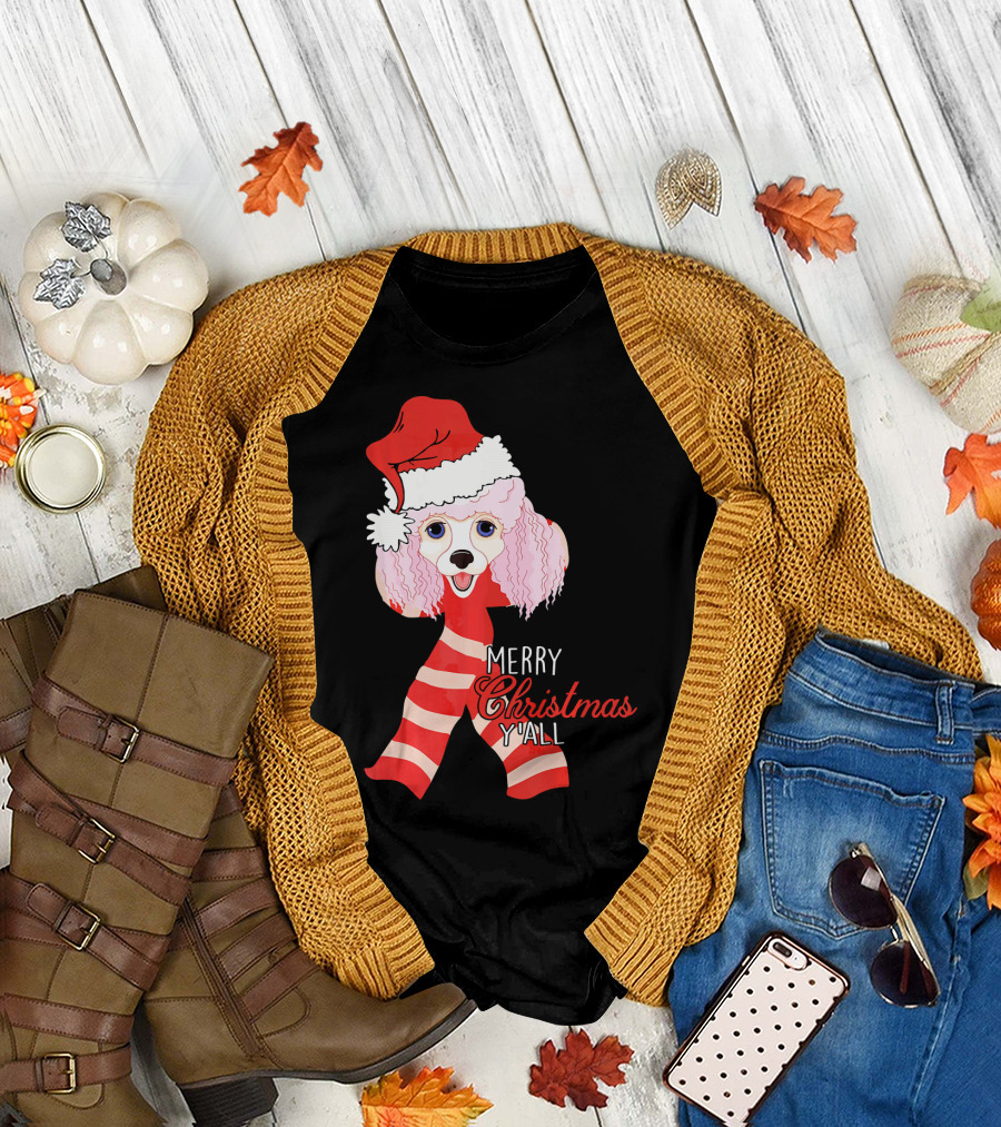 Poodle Dog Merry Christmas Yall Santa Hat Striped Scarf Holiday T-Shirt