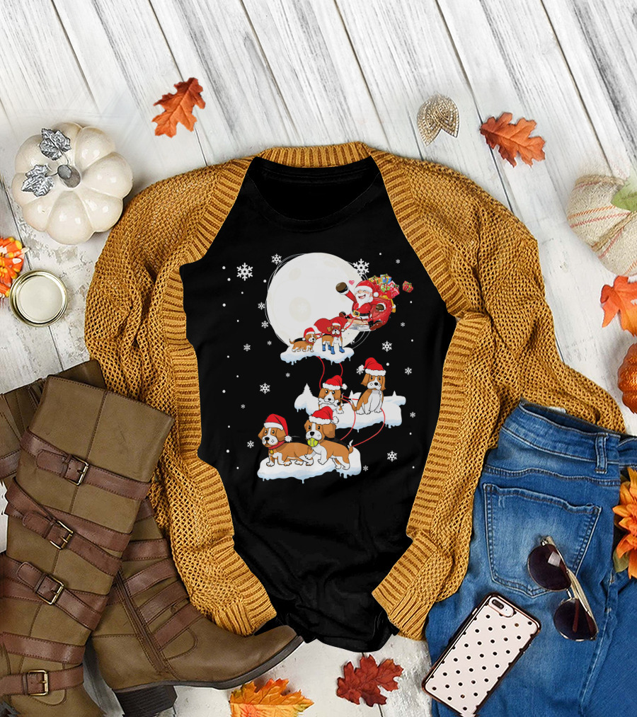 Santa Claus Sleigh Led by Beagle Dogs with Christmas Moon and Snowflakes T-Shirt