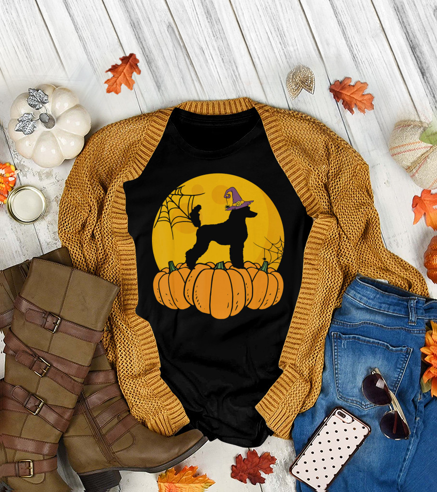 Poodle Halloween Pumpkin Witch Hat Full Moon and Webs T-Shirt