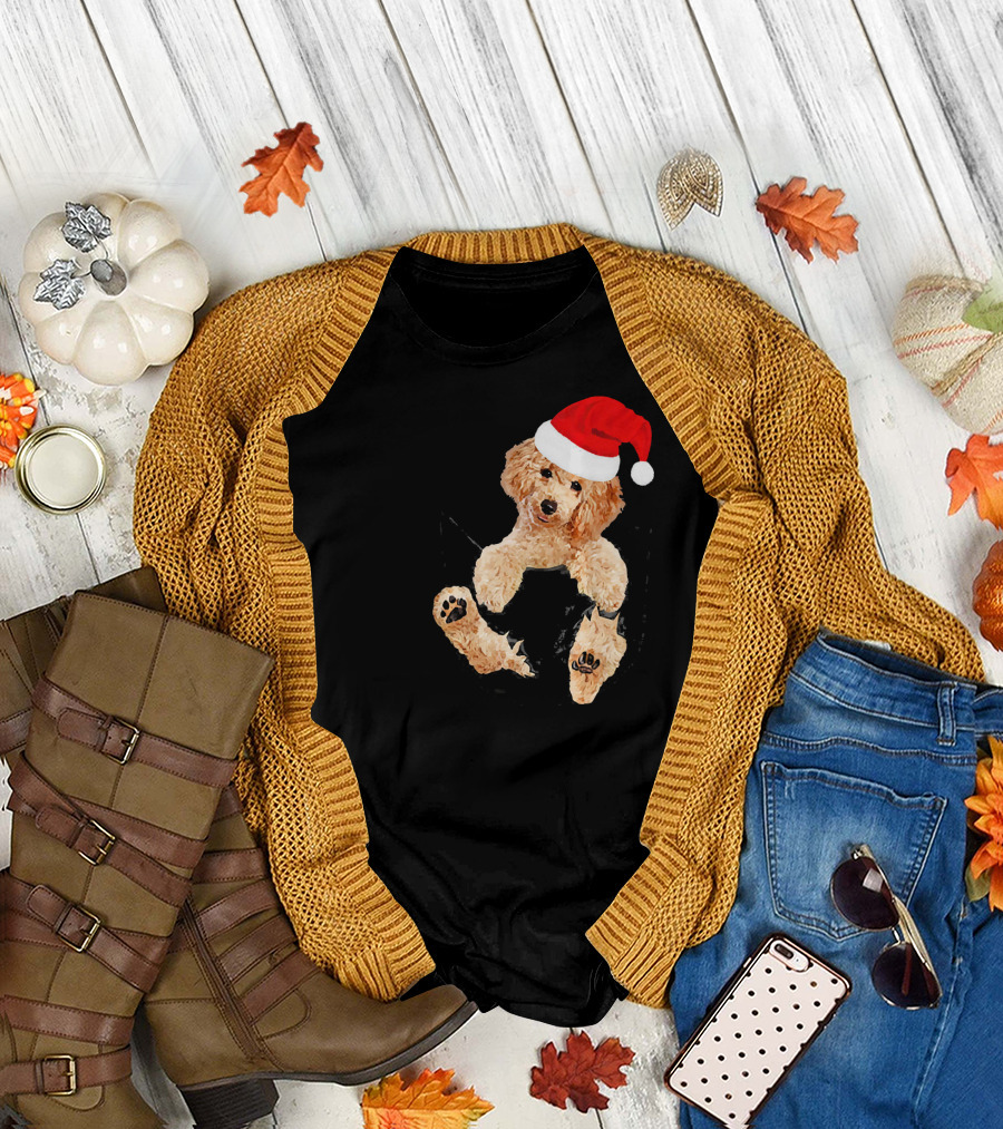 Poodle in Santa Hat Christmas Pocket T-Shirt