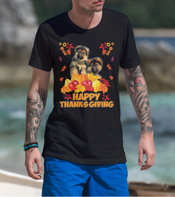 Happy Thanksgiving German Shepherd Puppies With Pumpkins And Autumn Leaves T-Shirt