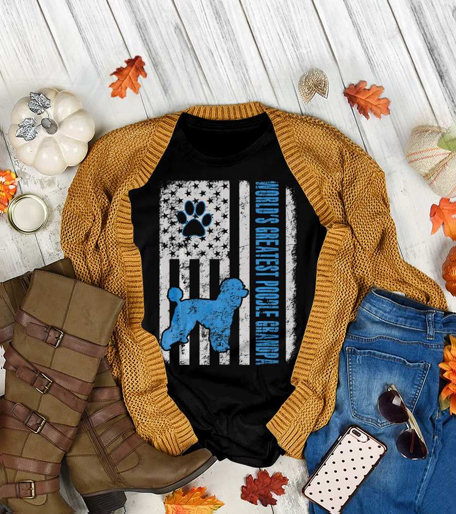 World's Greatest Poodle Grandpa American Flag Pawprint T-Shirt
