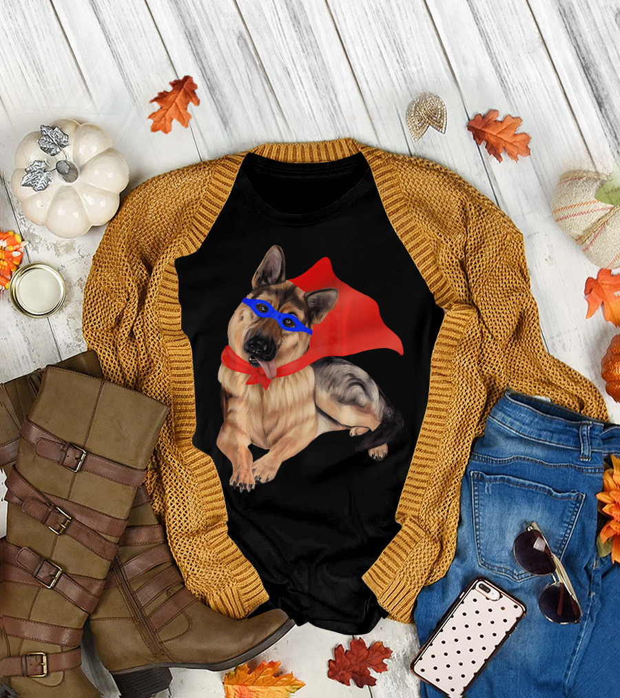 Superhero German Shepherd Dog in Red Cape and Blue Mask T-Shirt