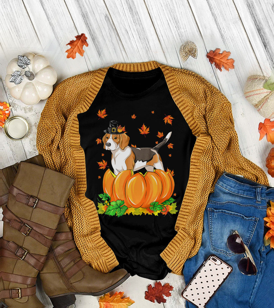 Thanksgiving Beagle Dog Pilgrim Hat Pumpkin Leaves T-Shirt
