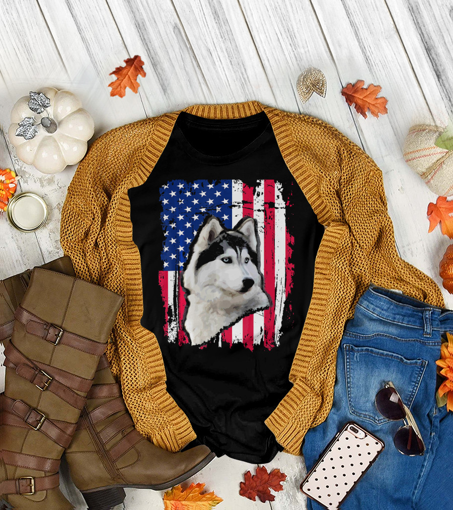 Siberian Husky American Flag Independence Day T-Shirt