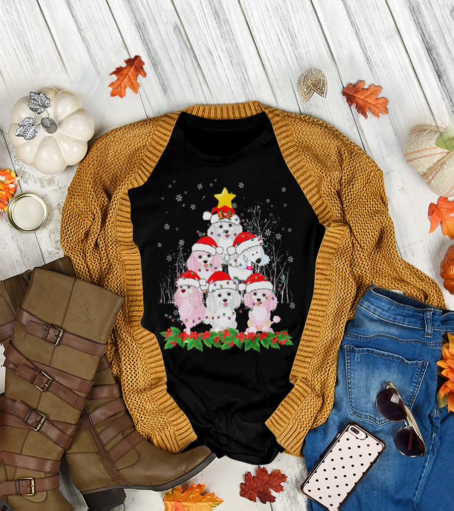 Standard Poodle Christmas Tree Holiday Snowflakes and Santa Hats T-Shirt