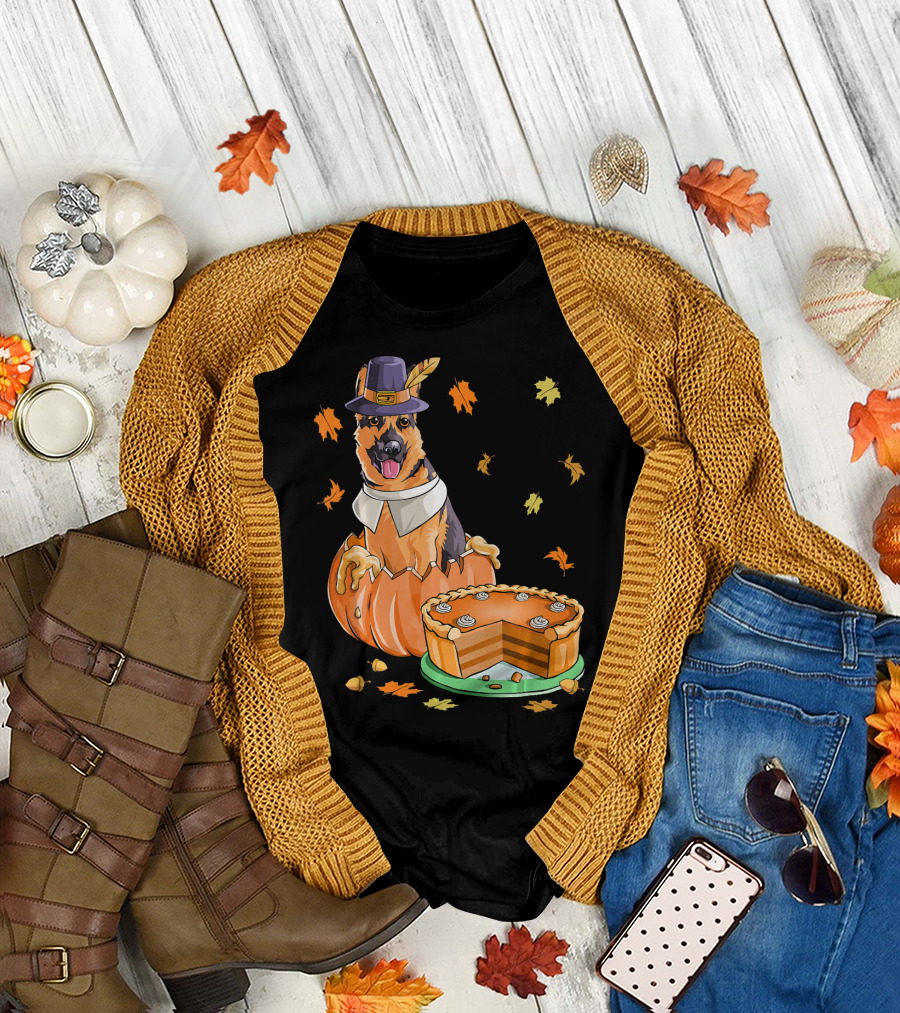 Thanksgiving Halloween Pumpkin German Shepherd Pilgrim Hat Autumn Leaves Pie T-Shirt