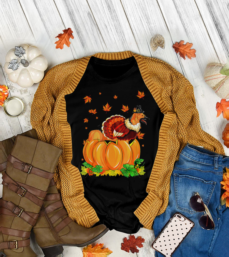 Thanksgiving Turkey German Shepherd Dog in Pumpkin with Autumn Leaves T-Shirt