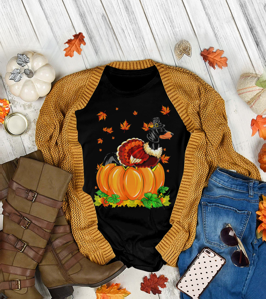 Thanksgiving Dachshund Dog with Turkey Hat and Pumpkins T-Shirt