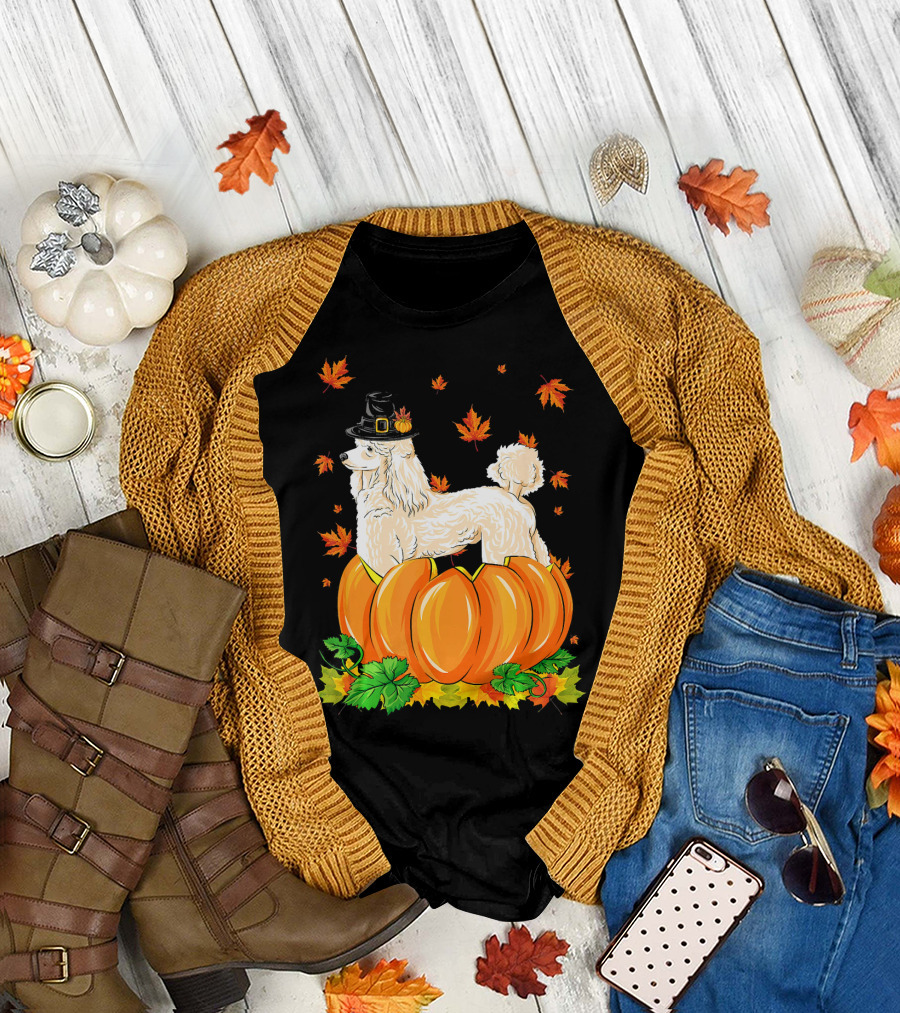 Thanksgiving Poodle Dog Hat Pilgrim Pumpkin Leaves T-Shirt