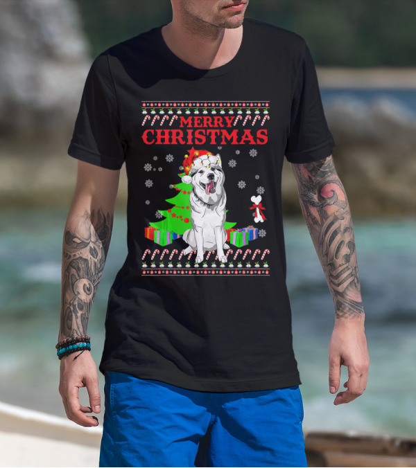 Merry Christmas Siberian Husky Santa Hat Presents Candy Canes Snowflakes T-Shirt