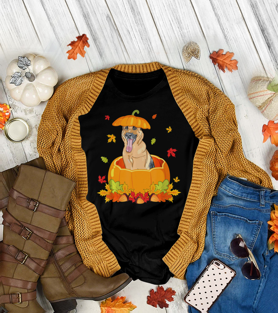 Thanksgiving Cute German Shepherd Pumpkin with Autumn Leaves T-Shirt