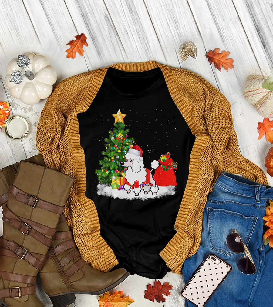Standard Poodle Christmas Tree Holiday Santa Hat Snowflakes T-Shirt