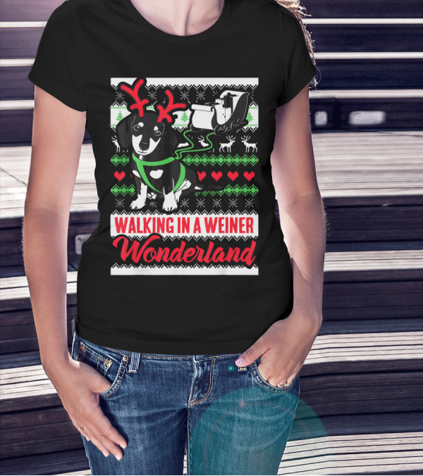 Walking In A Weiner Wonderland Dachshund Reindeer Christmas T-Shirt