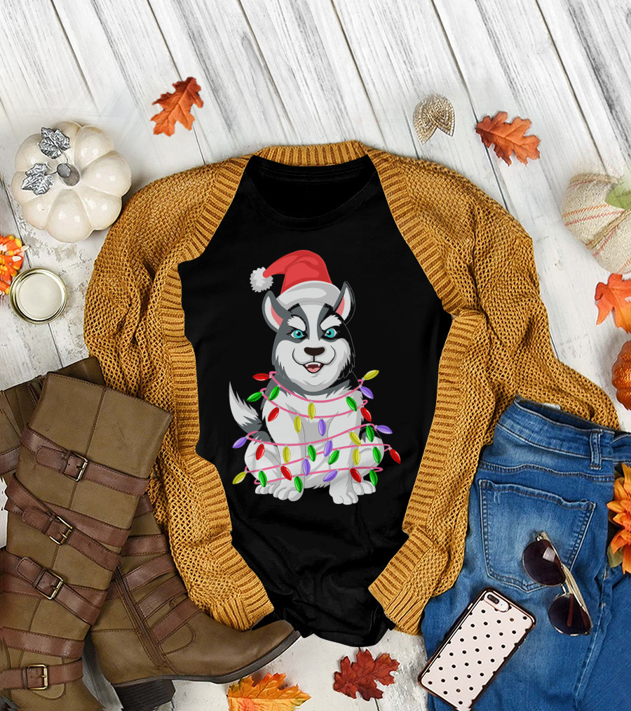 Siberian Husky Santa Wrapped in Christmas Tree Lights T-Shirt