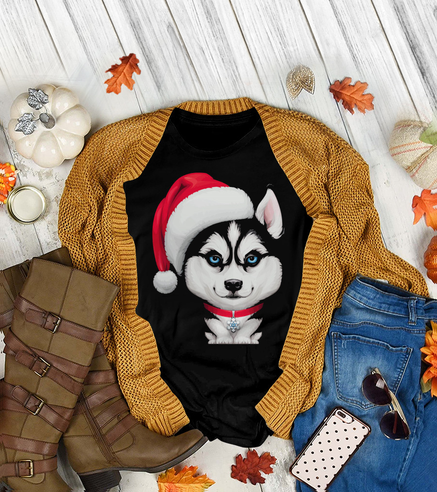 Siberian Husky in Santa Hat with Red Collar and Blue Eyes T-Shirt