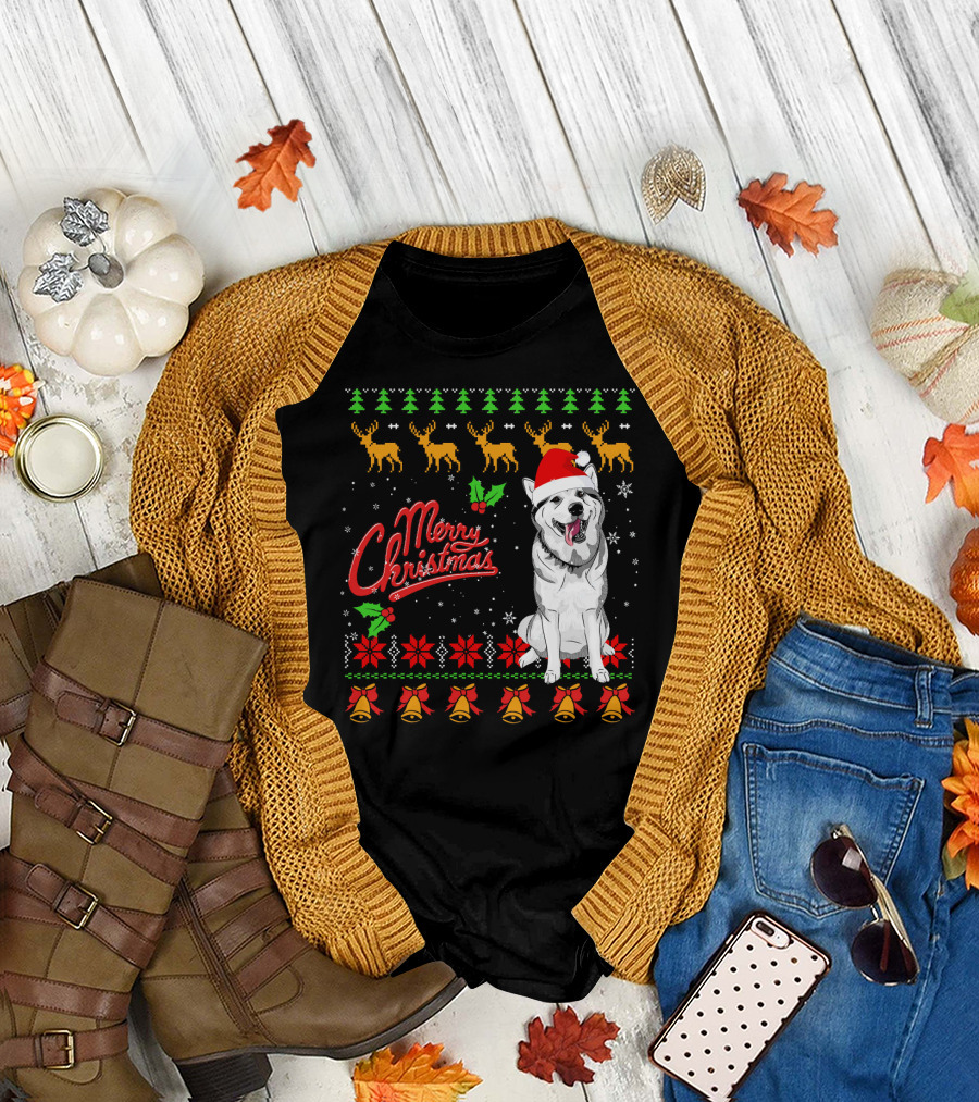 Siberian Husky Merry Christmas Santa Hat Reindeer Poinsettia Bells Snowflakes T-Shirt