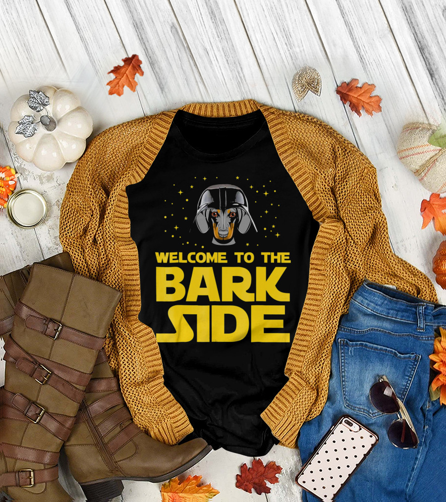 Welcome to the Bark Side Dachshund Helmet Stars T-Shirt