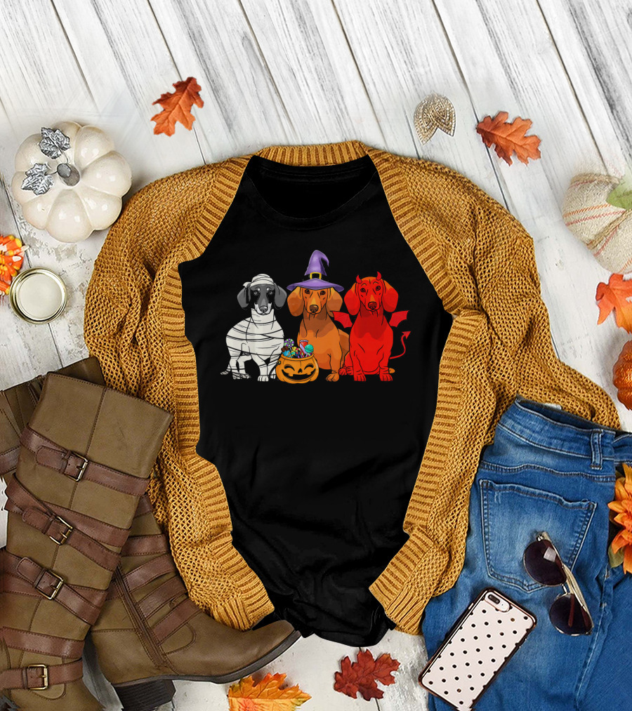 Three Dachshund Dog Mummy Witch Devil Halloween T-Shirt