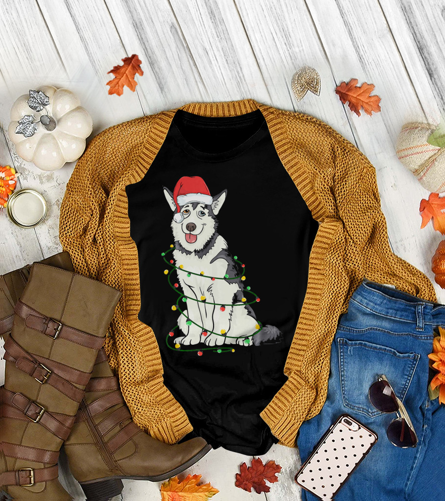 Siberian Husky Santa Claus Hat Merry Christmas Lights T-Shirt