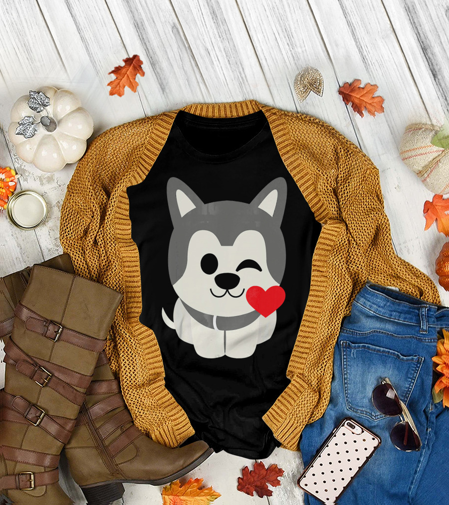 Siberian Husky Winking with Heart Flirt Kiss T-Shirt