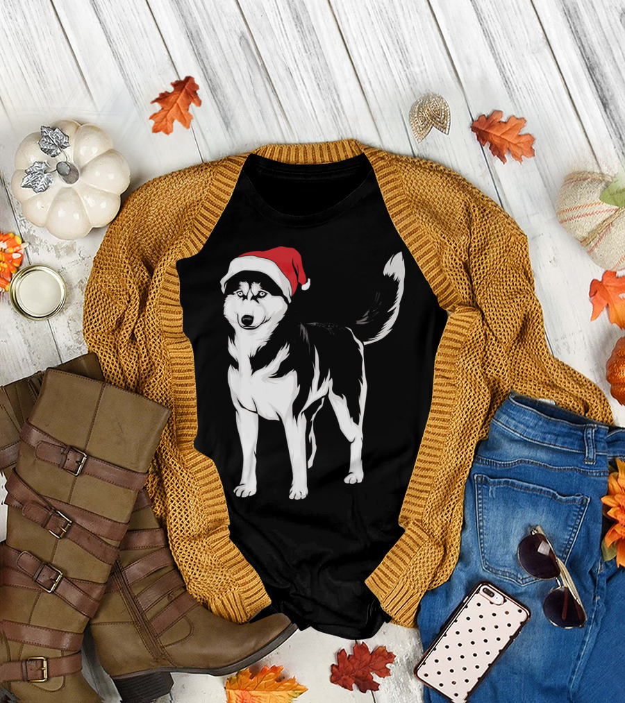Siberian Husky in Santa Christmas Hat Holiday T-Shirt