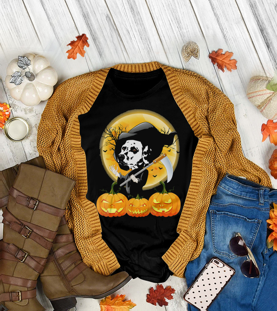 Cute Dalmatian Grim Reaper with Pumpkins and Moon T-Shirt