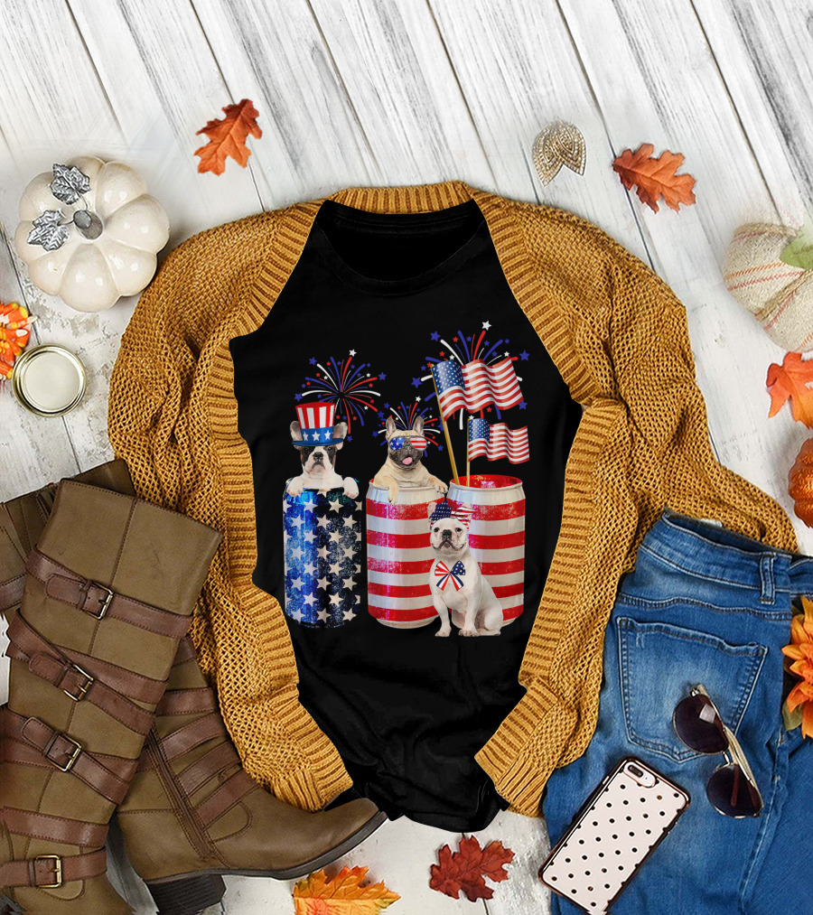 Patriotic French Bulldogs with American Flags and Fireworks T-Shirt