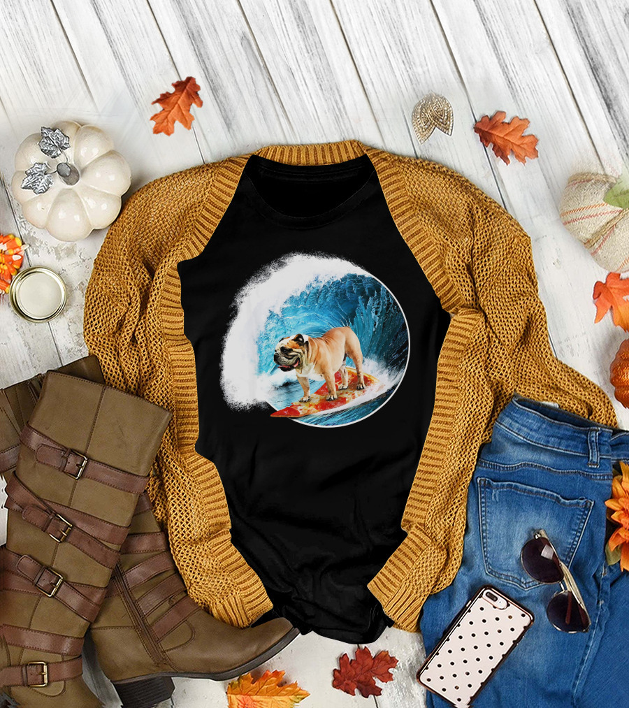 English Bulldog Surfing on Wave with Surfboard T-Shirt