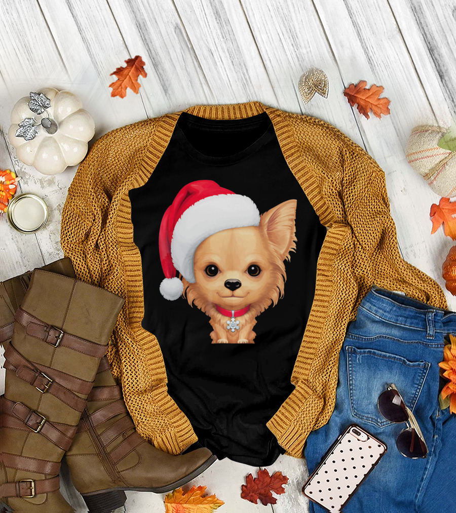 Cream Long Coat Chihuahua Wearing Santa Hat with Red Collar and Charm T-Shirt