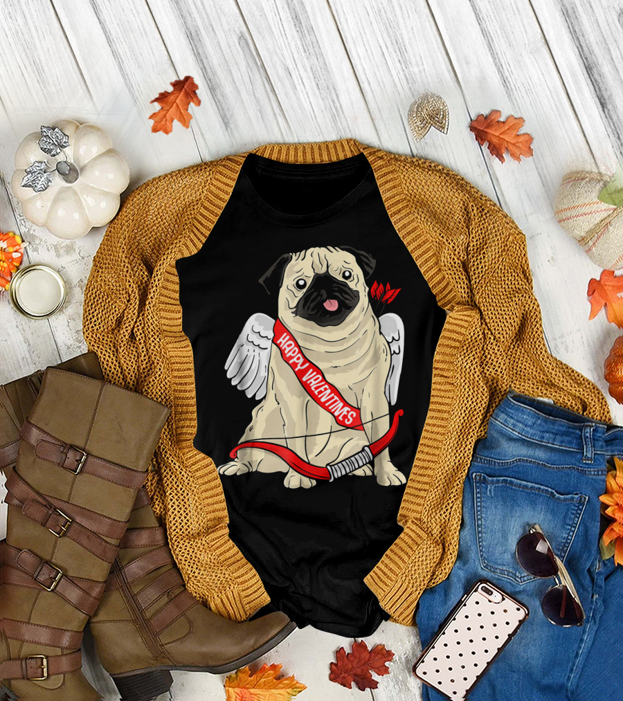 Happy Valentines Cupid Pug with Bow and Wings T-Shirt