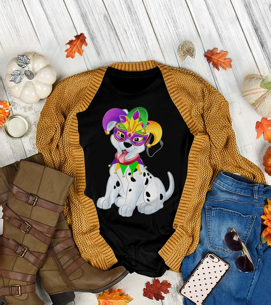 Dalmatian Mardi Gras Jester Dog in Colorful Feathered Mask and Hat T-Shirt