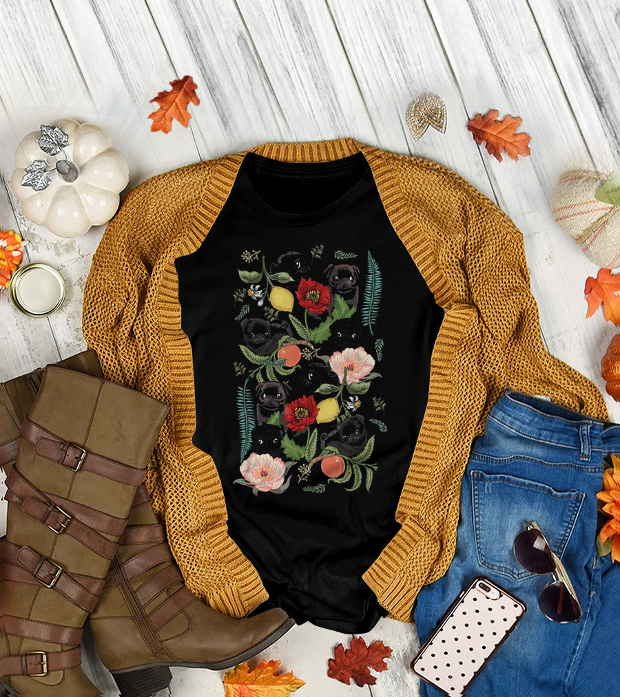 Botanical Pug Pattern with Floral and Fruit Elements T-Shirt