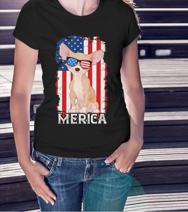 Chihuahua In American Flag Sunglasses With Merica And 4th Of July Colors T-Shirt