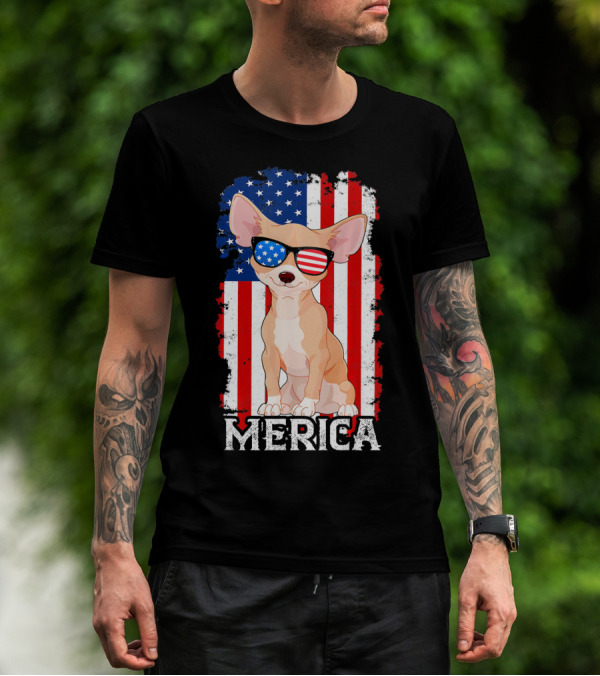Chihuahua In American Flag Sunglasses With Merica And 4th Of July Colors T-Shirt