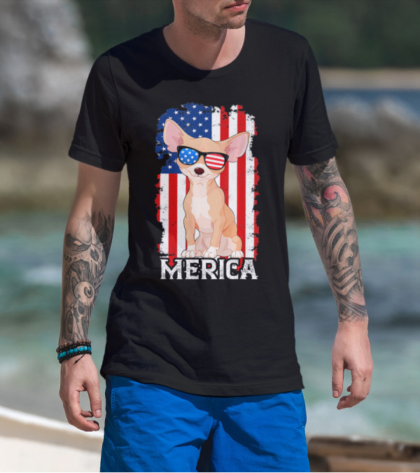 Chihuahua In American Flag Sunglasses With Merica And 4th Of July Colors T-Shirt