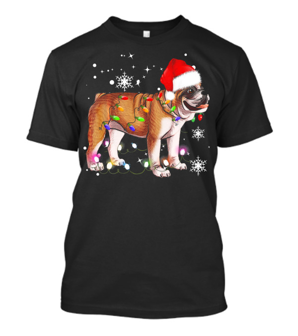 English Bulldog With Christmas Lights And Santa Hat Snowflakes T-Shirt