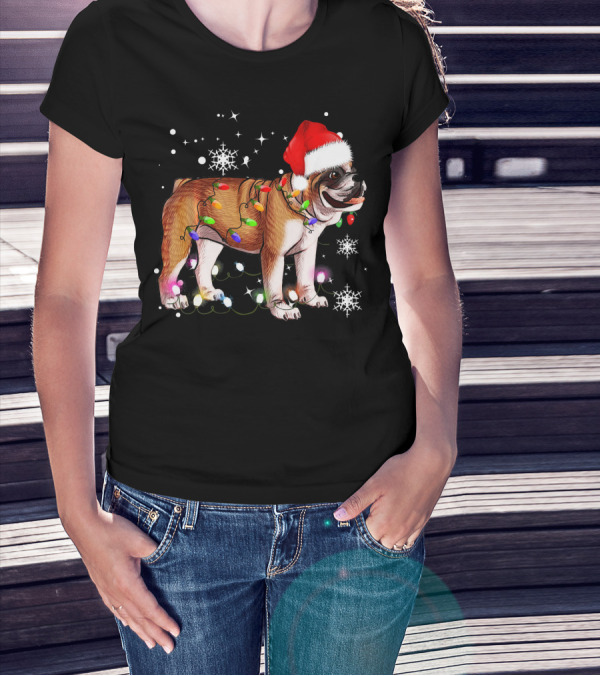 English Bulldog With Christmas Lights And Santa Hat Snowflakes T-Shirt