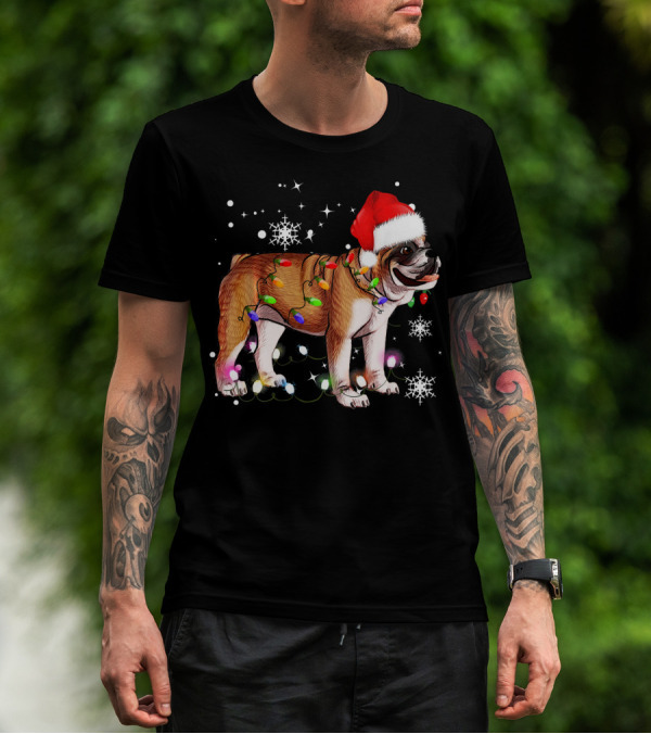 English Bulldog With Christmas Lights And Santa Hat Snowflakes T-Shirt