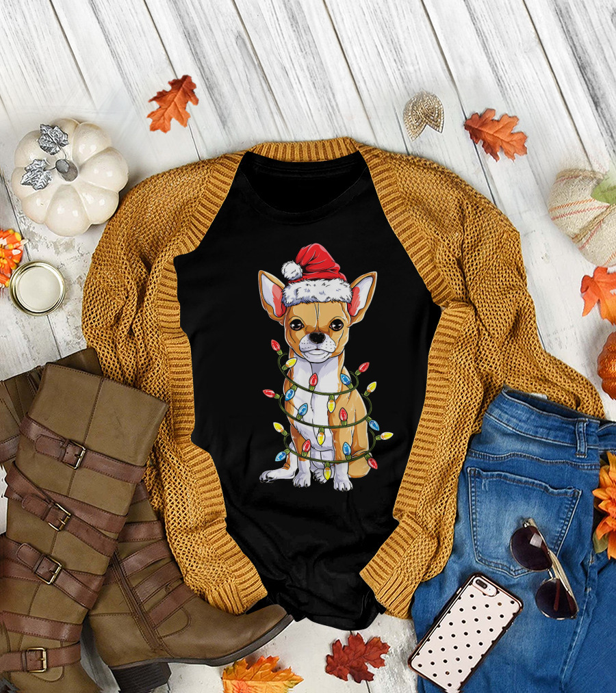 Chihuahua Santa with Christmas Lights Wrapped T-Shirt