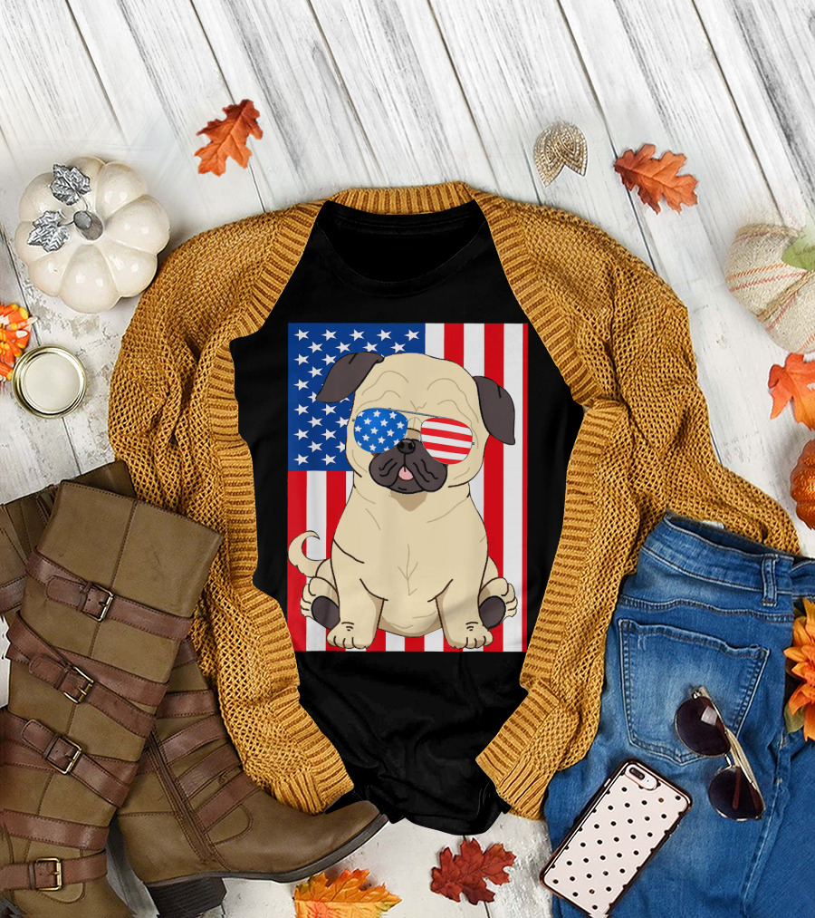 American Flag Pug with USA Sunglasses T-Shirt