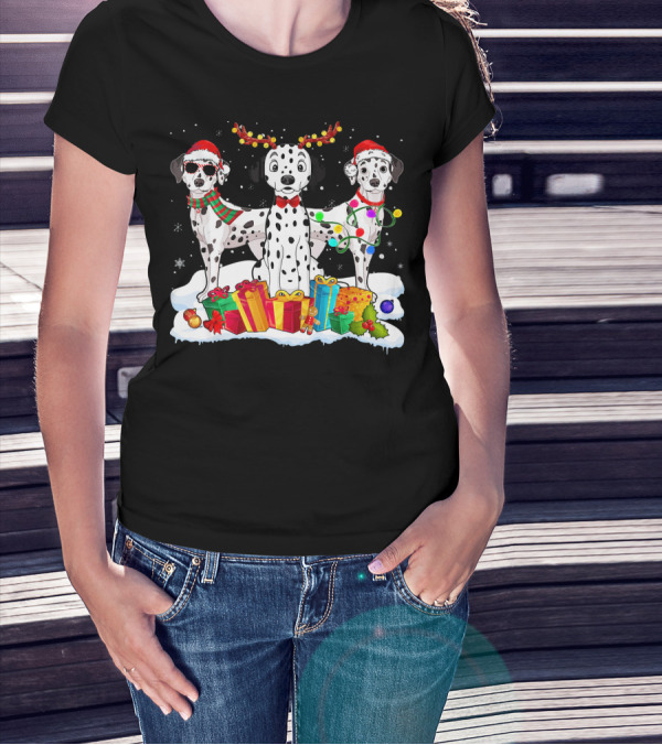 Dalmatian Christmas Santa Hat With Reindeer Antlers And Holiday Gifts T-Shirt