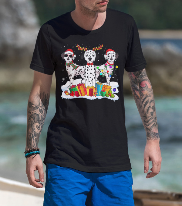 Dalmatian Christmas Santa Hat With Reindeer Antlers And Holiday Gifts T-Shirt