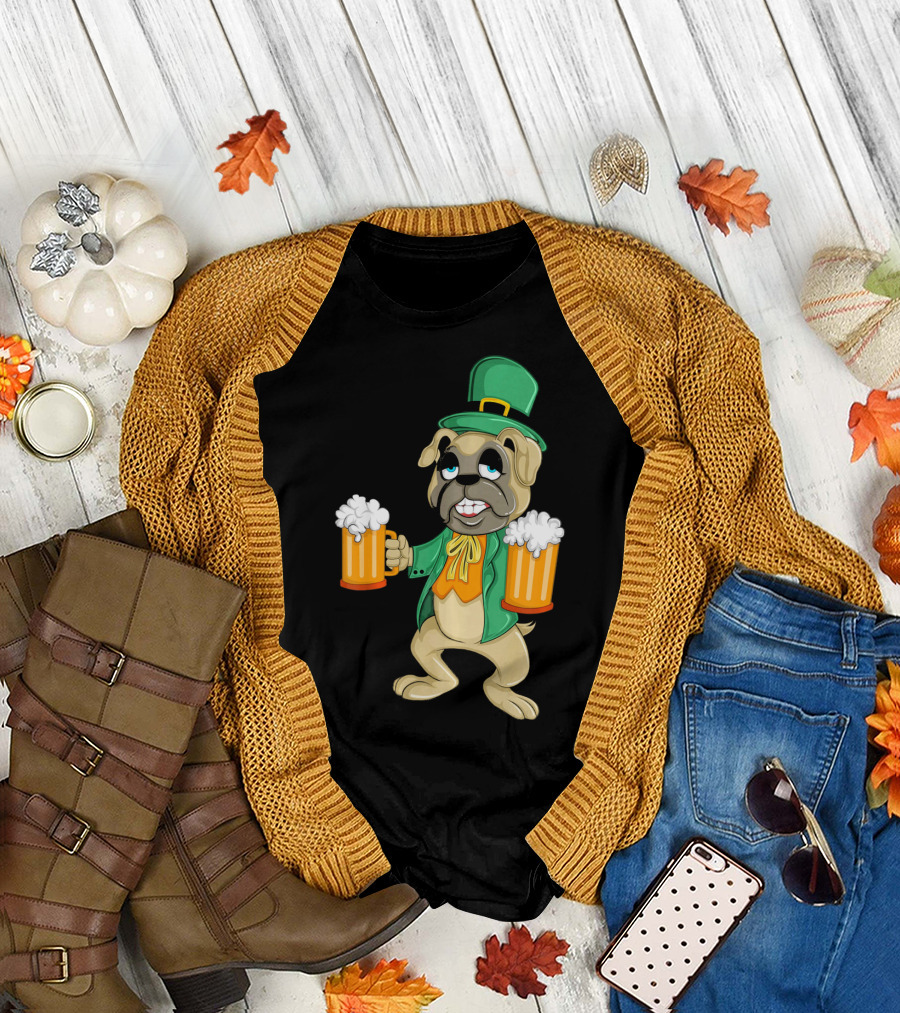Playful Irish Leprechaun Pug with Beer Mugs for St. Patrick's T-Shirt