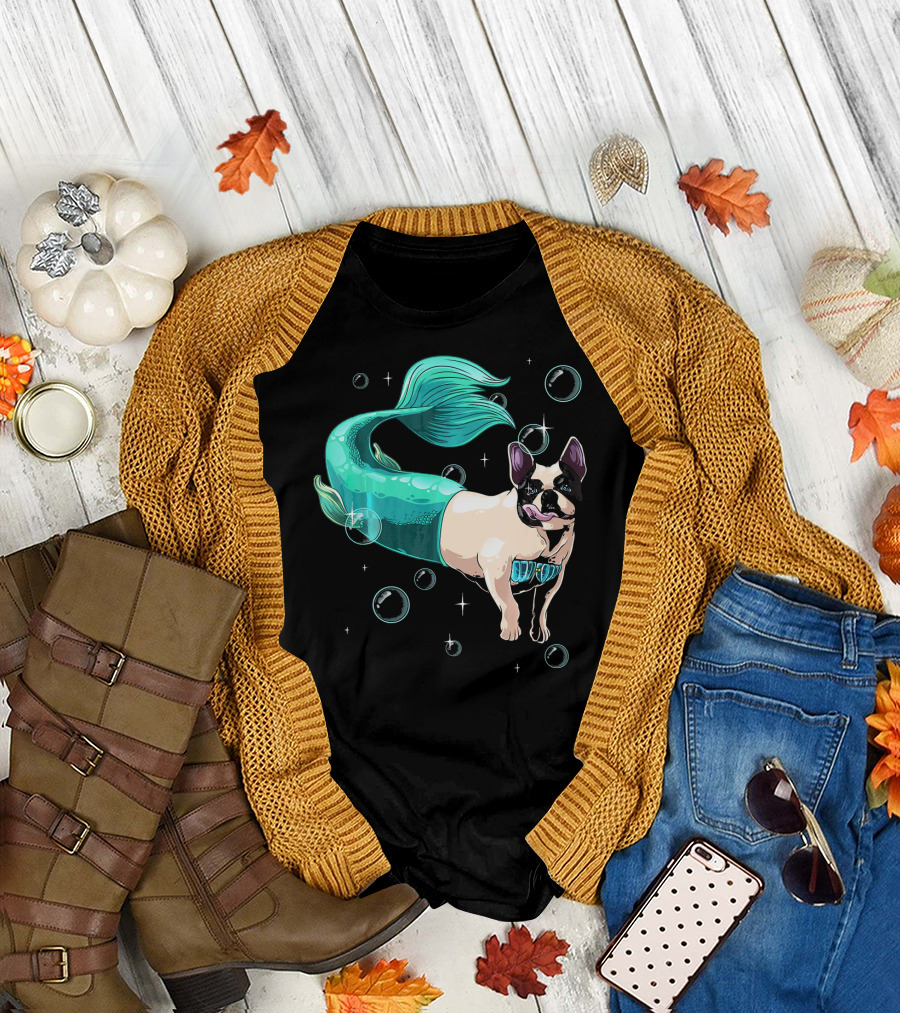Cool French Bulldog Mermaid Funny Aquatic Bubbles T-Shirt