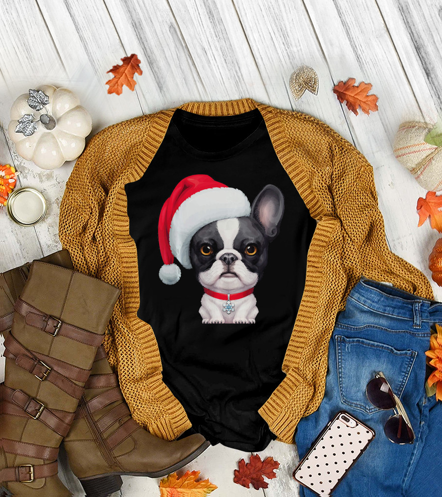 Brindle Pied French Bulldog Wearing Santa Hat with Red Collar and Snowflake Charm T-Shirt