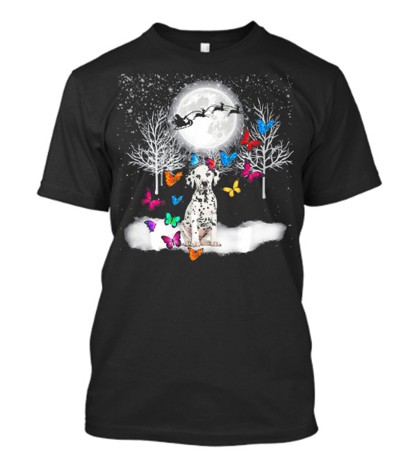 Dalmatian In Winter Wonderland With Colorful Christmas Butterflies And Santa T-Shirt