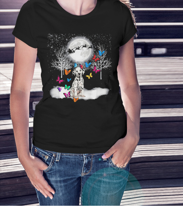 Dalmatian In Winter Wonderland With Colorful Christmas Butterflies And Santa T-Shirt